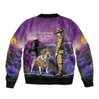 Australia Dog Heroes ANZAC Sleeve Zip Bomber Jacket Remembering All Animals In War Purple Poppies