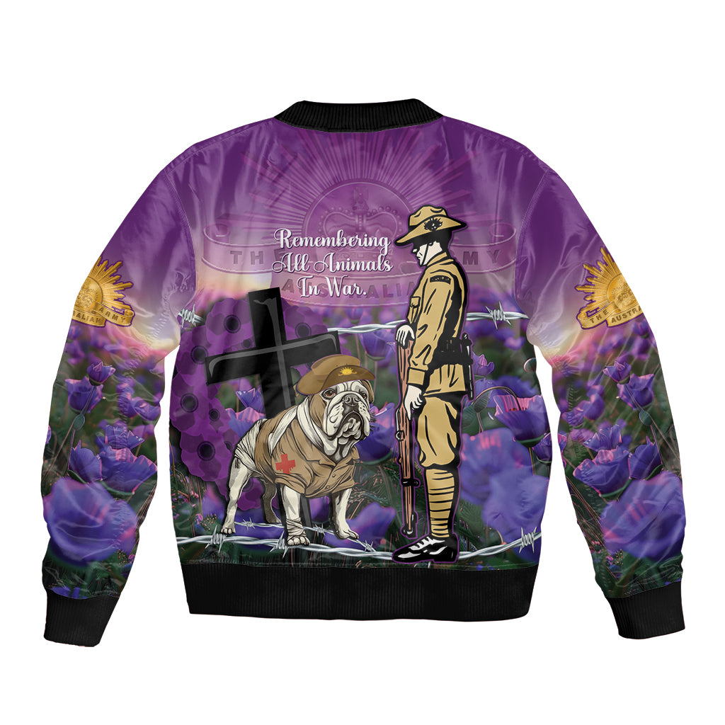Australia Dog Heroes ANZAC Sleeve Zip Bomber Jacket Remembering All Animals In War Purple Poppies
