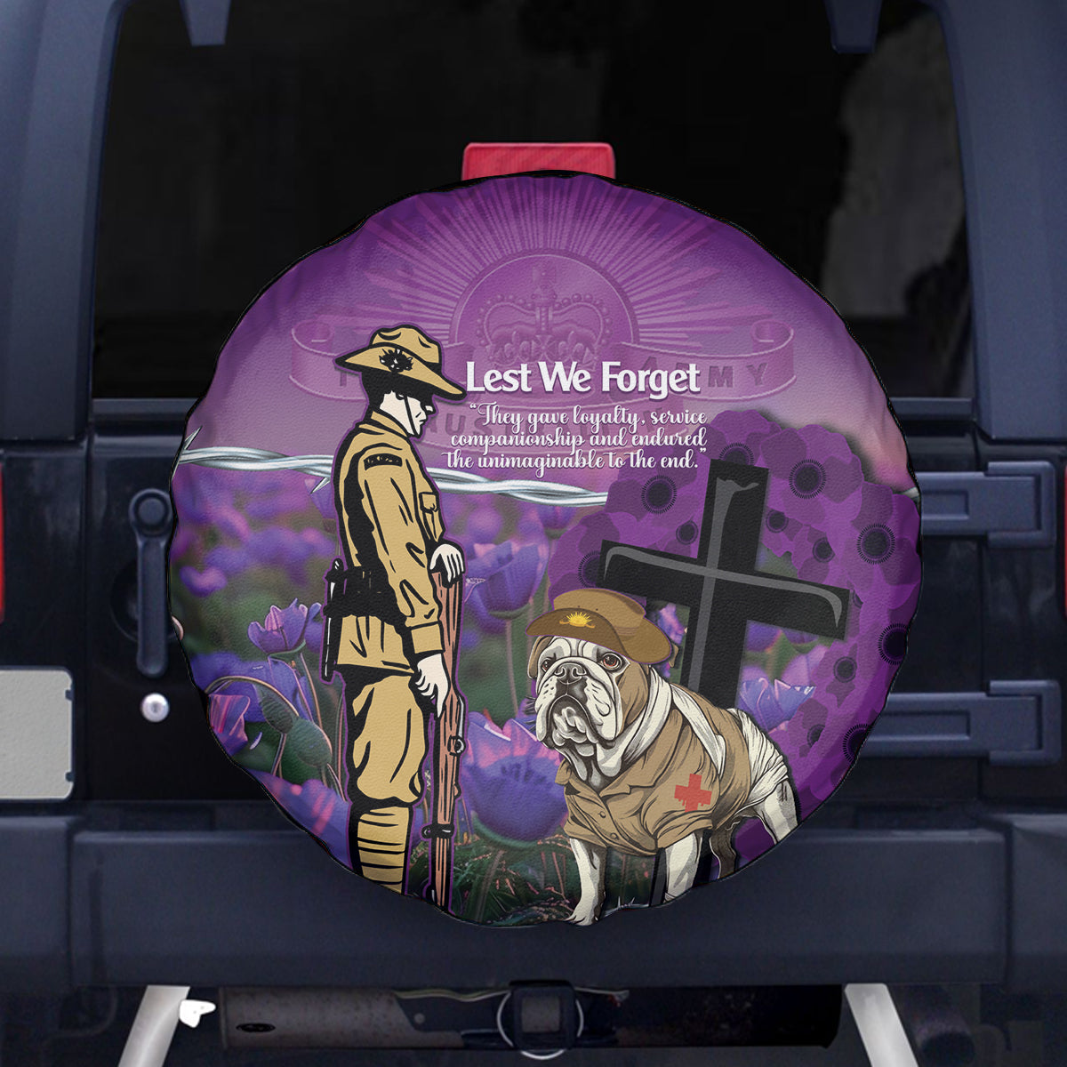 Australia Dog Heroes ANZAC Spare Tire Cover Remembering All Animals In War Purple Poppies