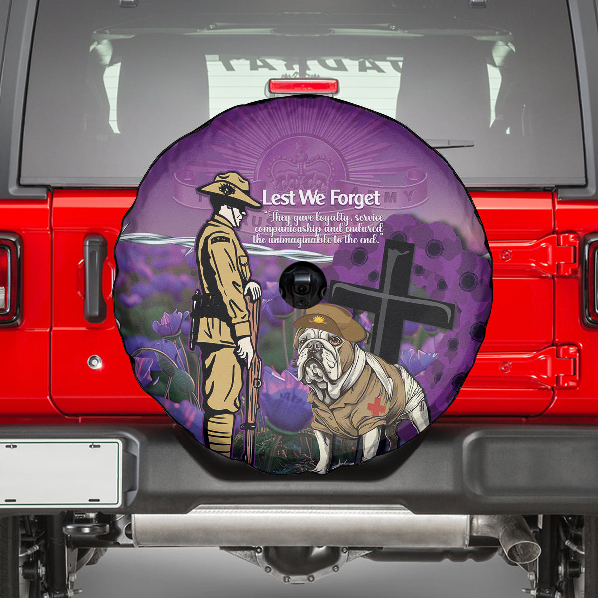 Australia Dog Heroes ANZAC Spare Tire Cover Remembering All Animals In War Purple Poppies
