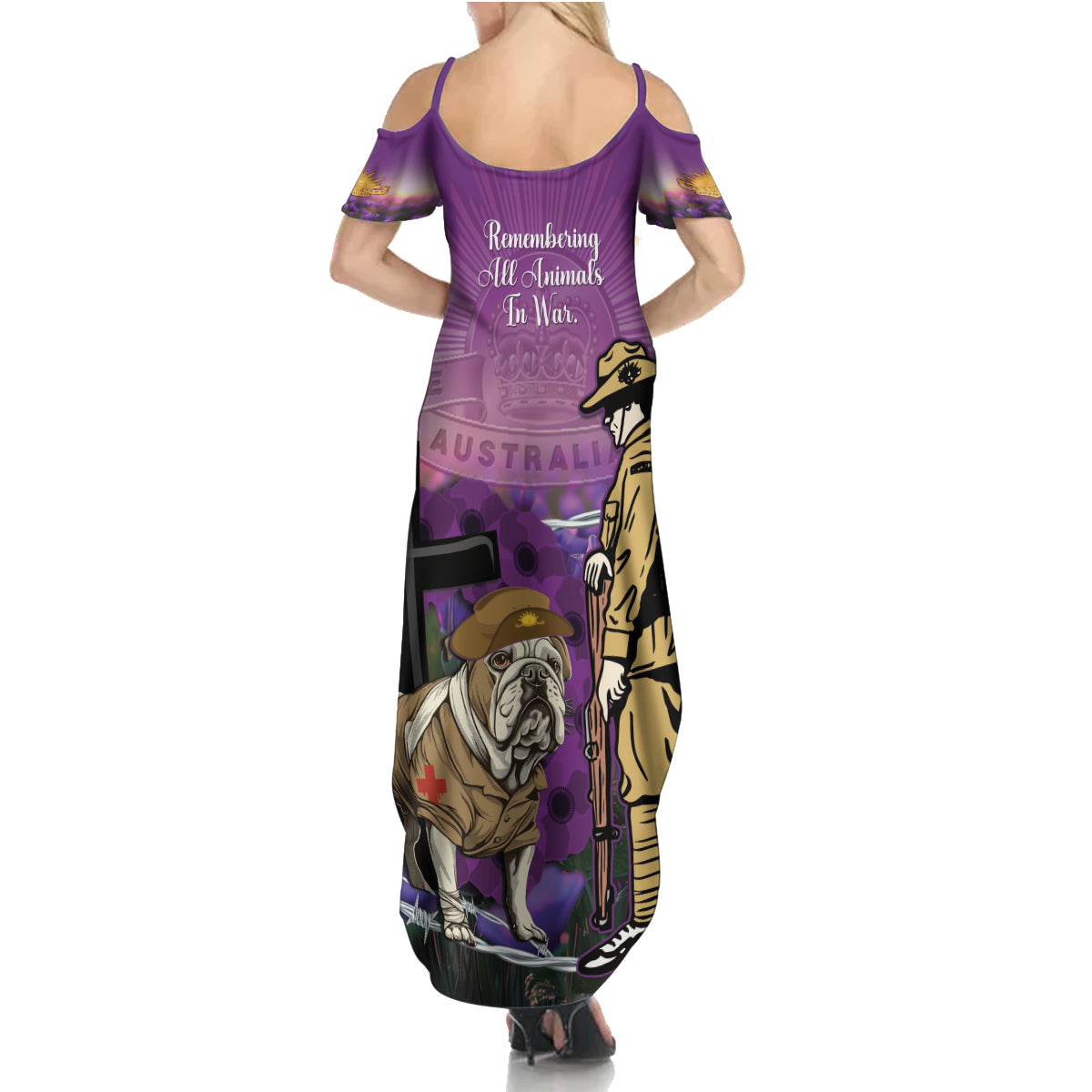 Australia Dog Heroes ANZAC Summer Maxi Dress Remembering All Animals In War Purple Poppies