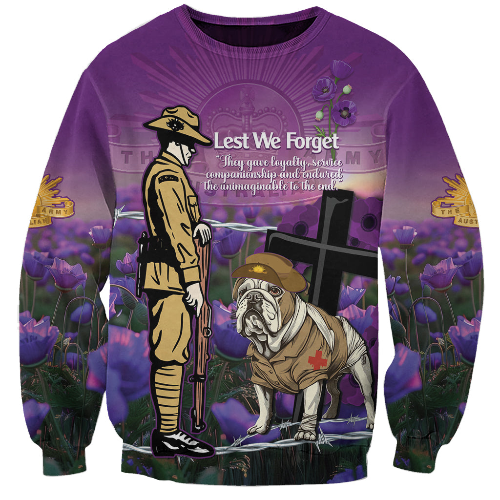 Australia Dog Heroes ANZAC Sweatshirt Remembering All Animals In War Purple Poppies