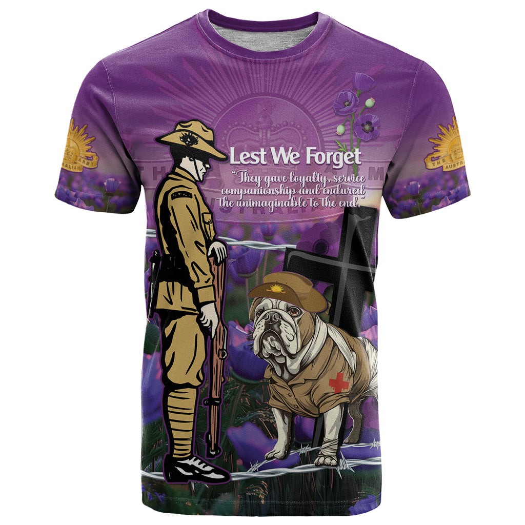 Australia Dog Heroes ANZAC T Shirt Remembering All Animals In War Purple Poppies