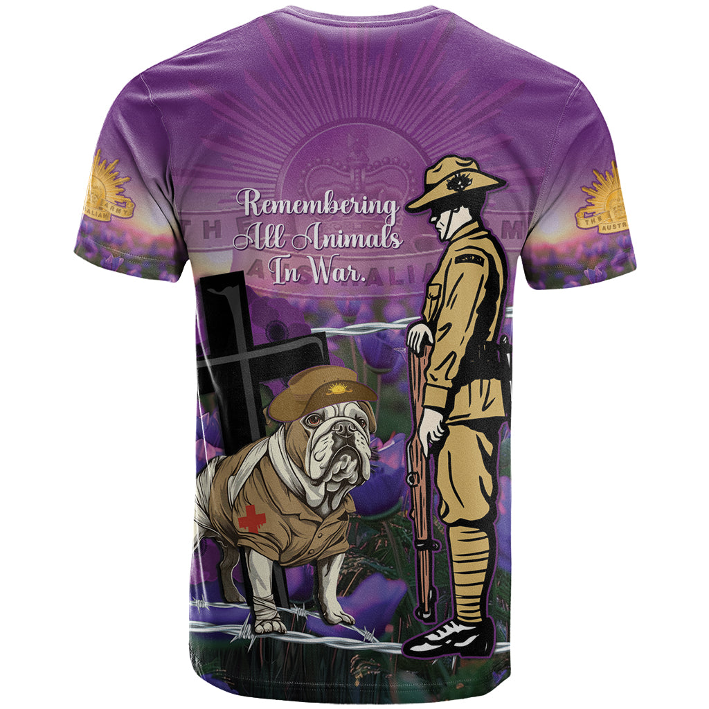 Australia Dog Heroes ANZAC T Shirt Remembering All Animals In War Purple Poppies