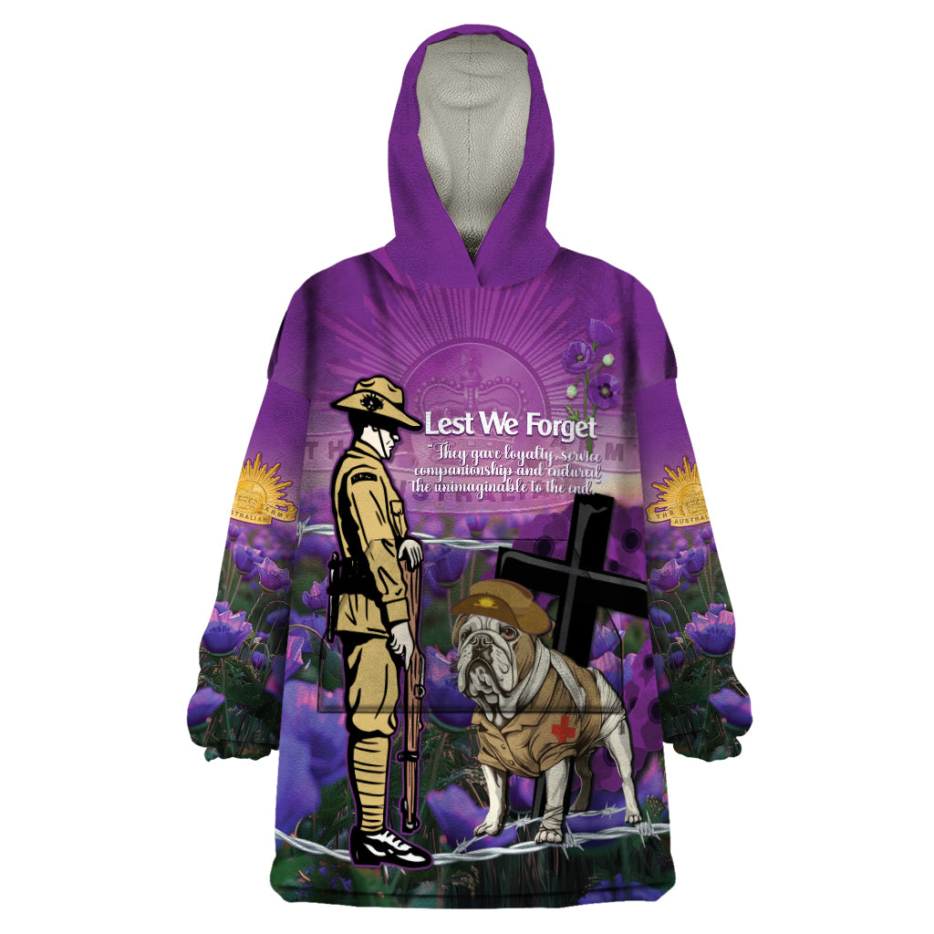 Australia Dog Heroes ANZAC Wearable Blanket Hoodie Remembering All Animals In War Purple Poppies