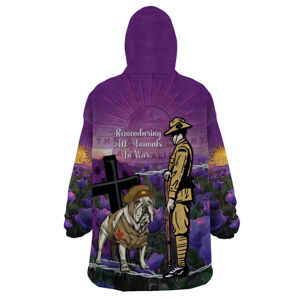 Australia Dog Heroes ANZAC Wearable Blanket Hoodie Remembering All Animals In War Purple Poppies