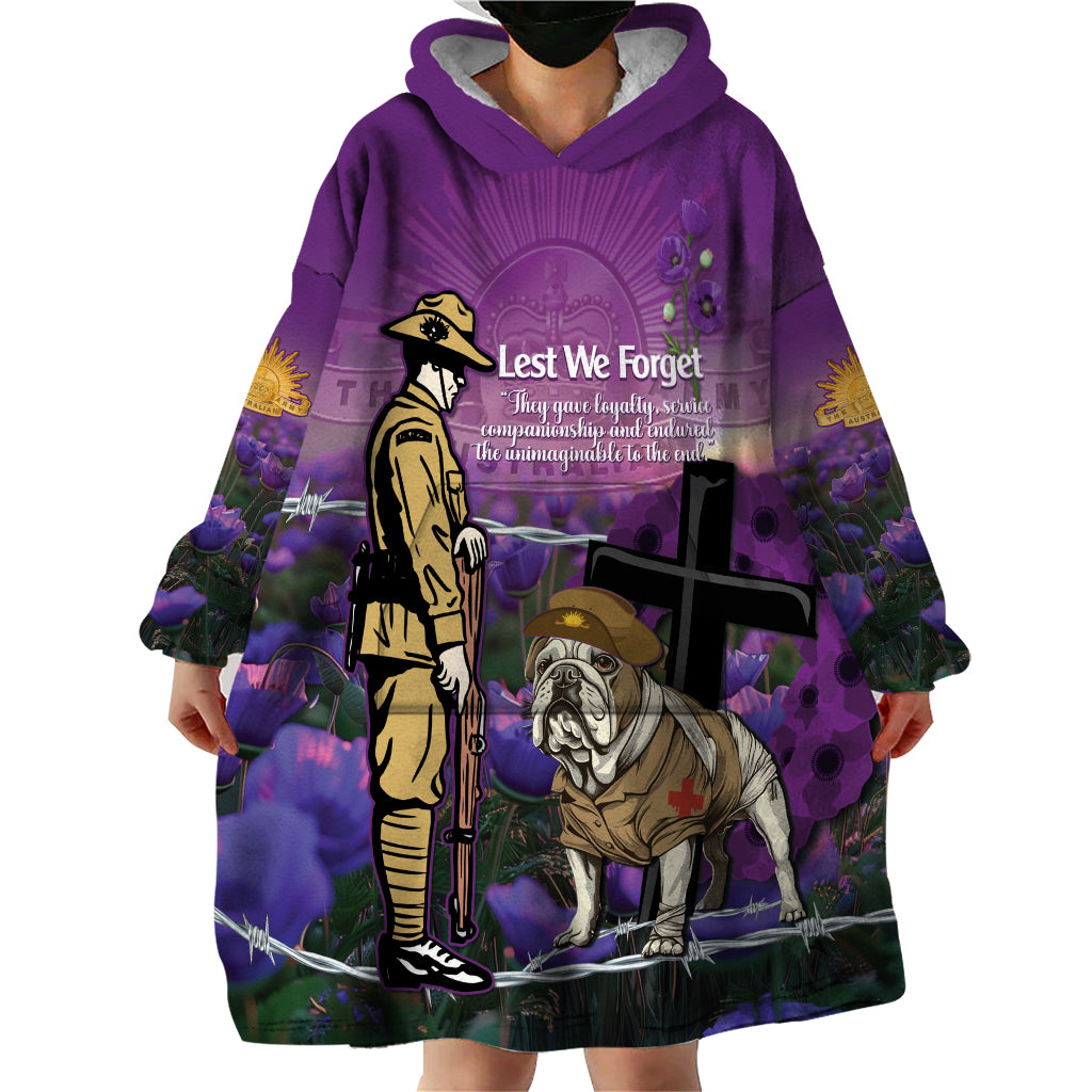 Australia Dog Heroes ANZAC Wearable Blanket Hoodie Remembering All Animals In War Purple Poppies