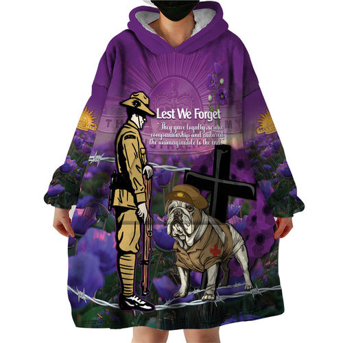 Australia Dog Heroes ANZAC Wearable Blanket Hoodie Remembering All Animals In War Purple Poppies