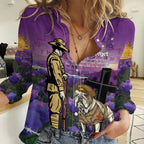 Australia Dog Heroes ANZAC Women Casual Shirt Remembering All Animals In War Purple Poppies