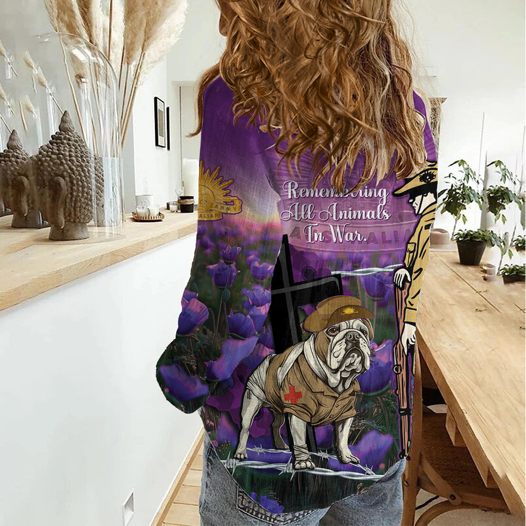Australia Dog Heroes ANZAC Women Casual Shirt Remembering All Animals In War Purple Poppies