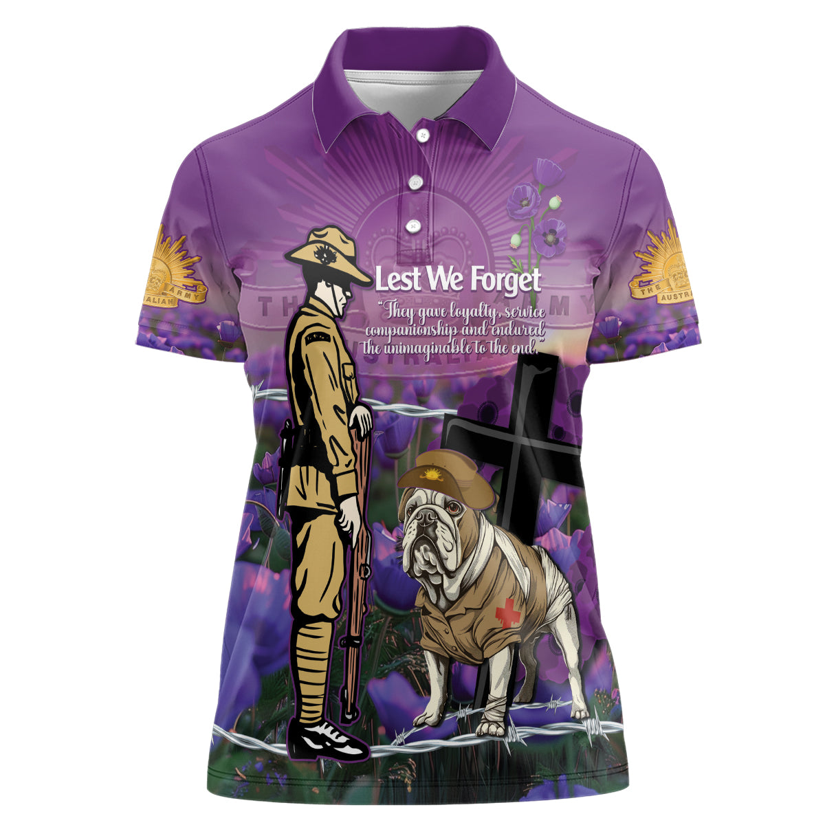 Australia Dog Heroes ANZAC Women Polo Shirt Remembering All Animals In War Purple Poppies