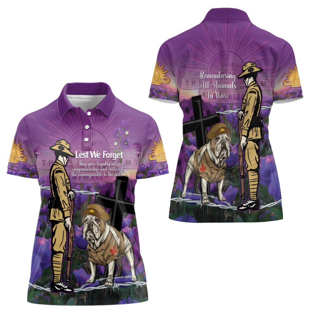 Australia Dog Heroes ANZAC Women Polo Shirt Remembering All Animals In War Purple Poppies