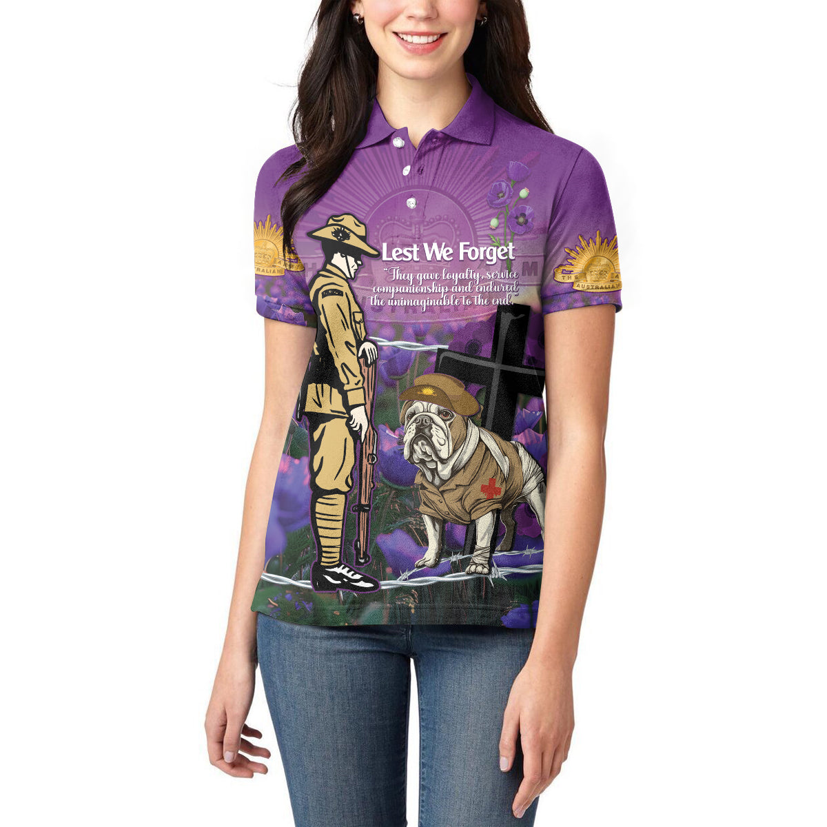 Australia Dog Heroes ANZAC Women Polo Shirt Remembering All Animals In War Purple Poppies