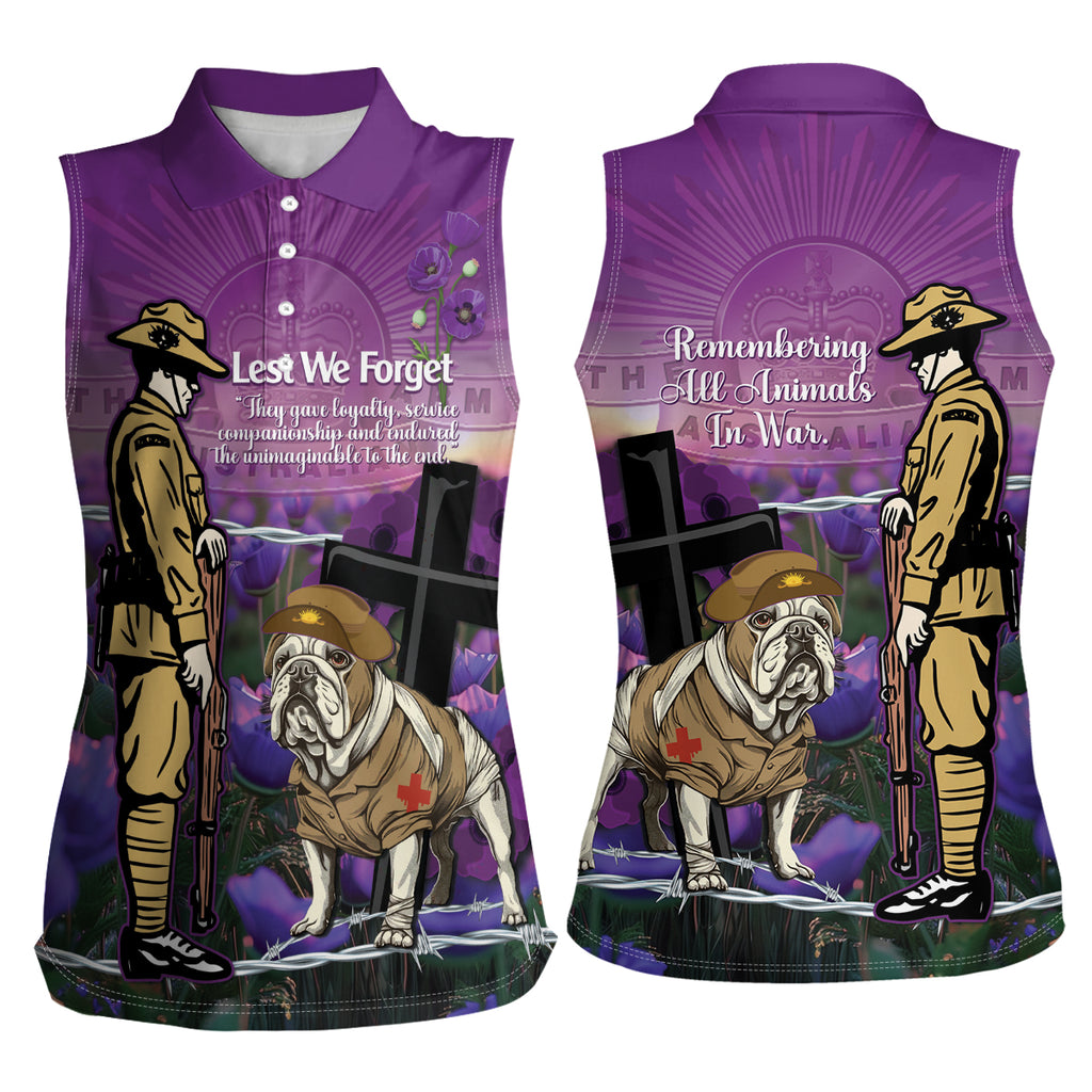 Australia Dog Heroes ANZAC Women Sleeveless Polo Shirt Remembering All Animals In War Purple Poppies