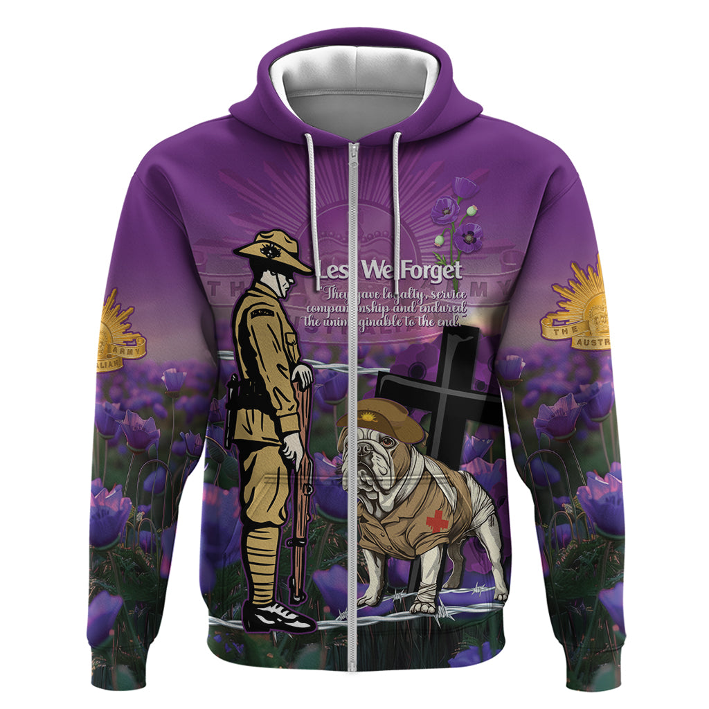 Australia Dog Heroes ANZAC Zip Hoodie Remembering All Animals In War Purple Poppies