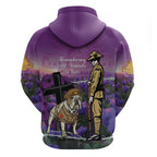 Australia Dog Heroes ANZAC Zip Hoodie Remembering All Animals In War Purple Poppies
