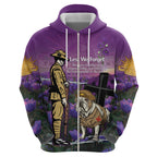Australia Dog Heroes ANZAC Zip Hoodie Remembering All Animals In War Purple Poppies
