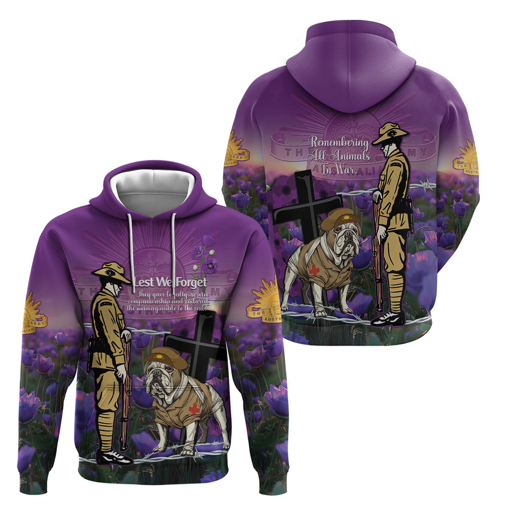 Australia Dog Heroes ANZAC Zip Hoodie Remembering All Animals In War Purple Poppies
