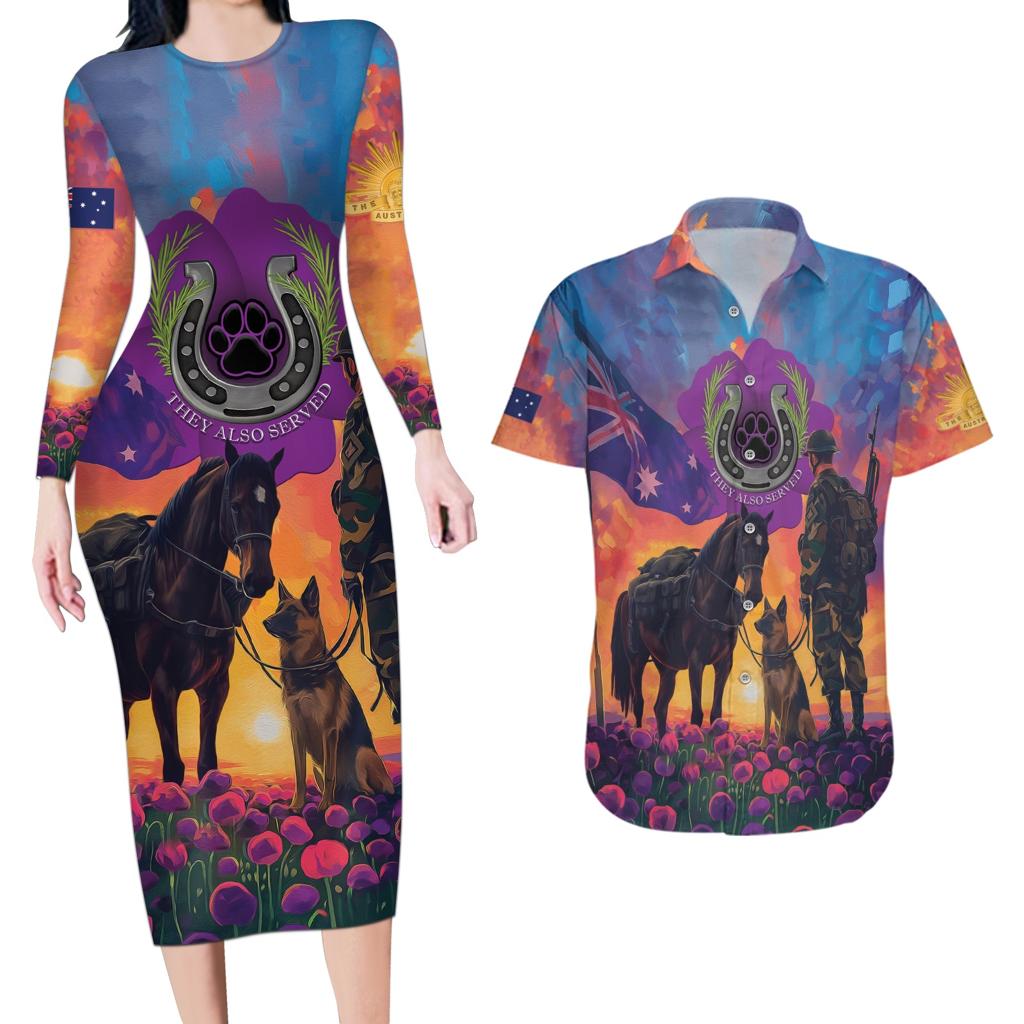 Australia Animals ANZAC Couples Matching Long Sleeve Bodycon Dress and Hawaiian Shirt Dog And Horse Heroes Also Served