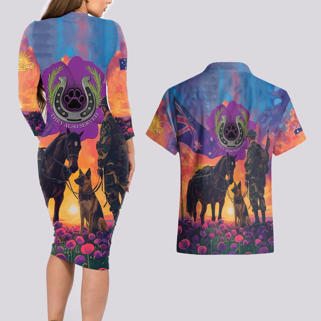 Australia Animals ANZAC Couples Matching Long Sleeve Bodycon Dress and Hawaiian Shirt Dog And Horse Heroes Also Served