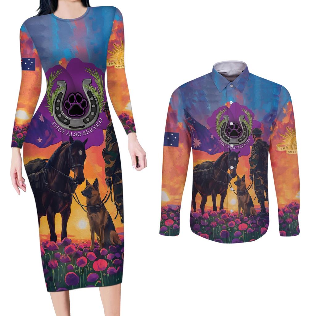 Australia Animals ANZAC Couples Matching Long Sleeve Bodycon Dress and Long Sleeve Button Shirt Dog And Horse Heroes Also Served