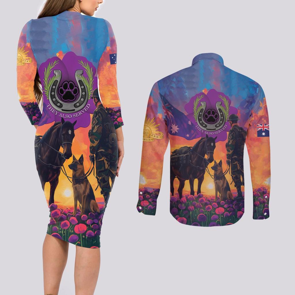 Australia Animals ANZAC Couples Matching Long Sleeve Bodycon Dress and Long Sleeve Button Shirt Dog And Horse Heroes Also Served