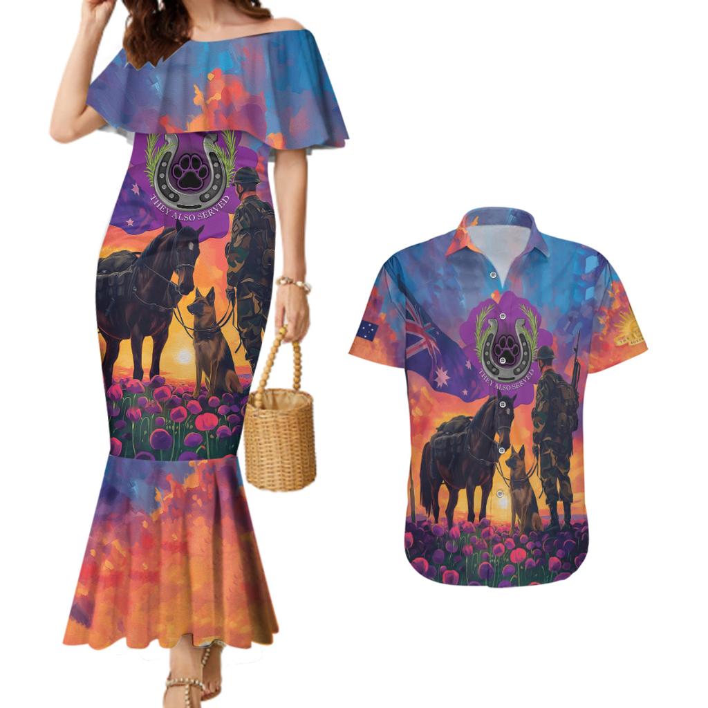 Australia Animals ANZAC Couples Matching Mermaid Dress and Hawaiian Shirt Dog And Horse Heroes Also Served