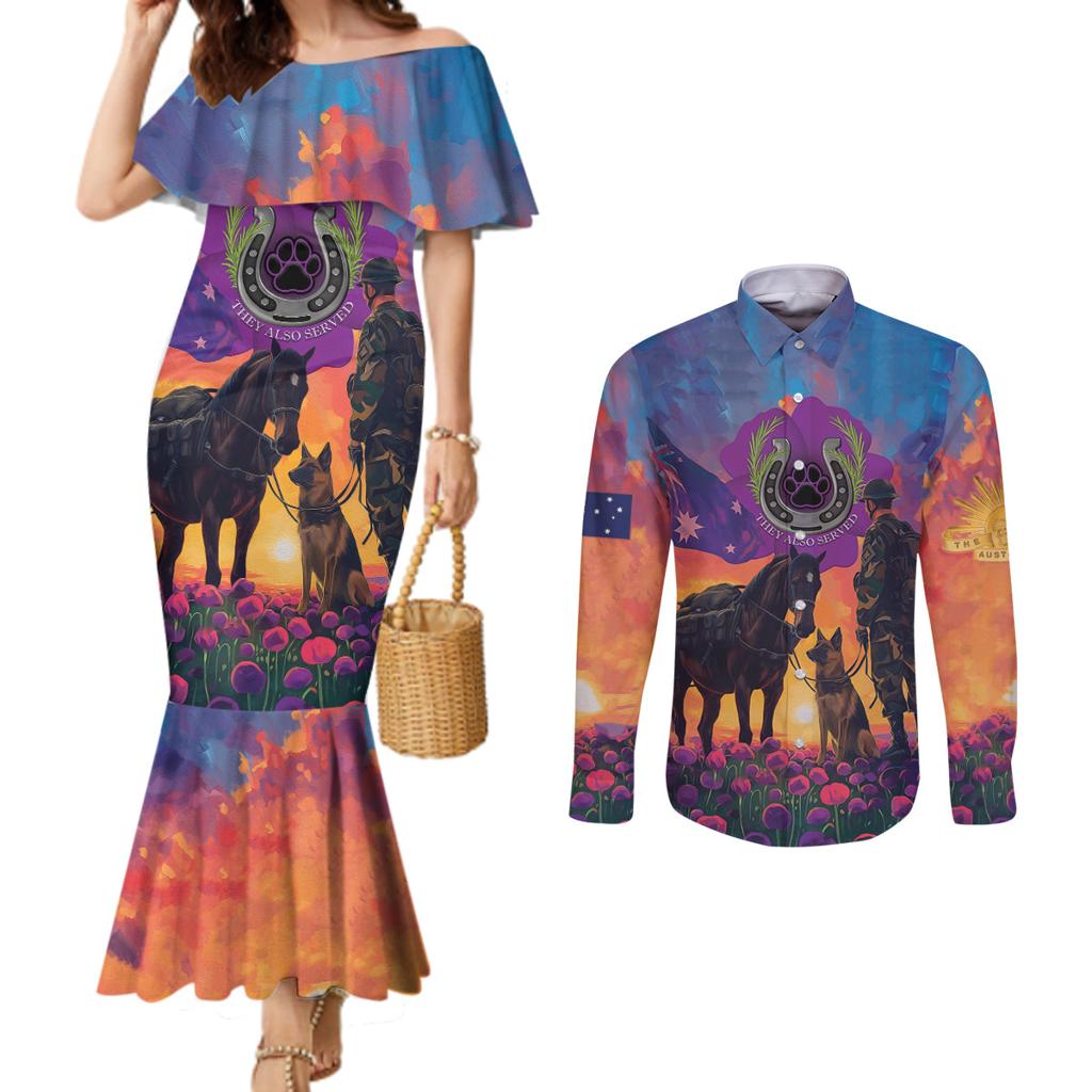 Australia Animals ANZAC Couples Matching Mermaid Dress and Long Sleeve Button Shirt Dog And Horse Heroes Also Served