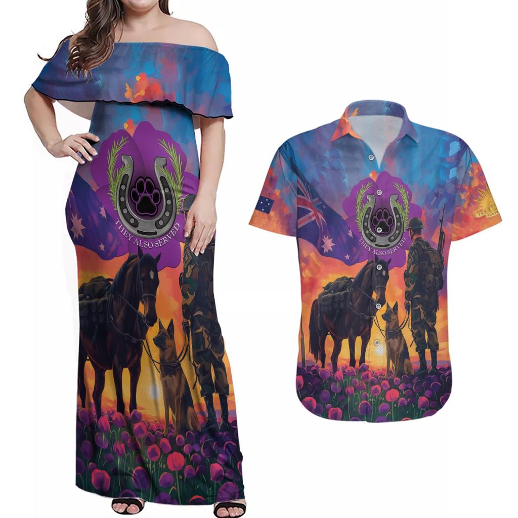Australia Animals ANZAC Couples Matching Off Shoulder Maxi Dress and Hawaiian Shirt Dog And Horse Heroes Also Served