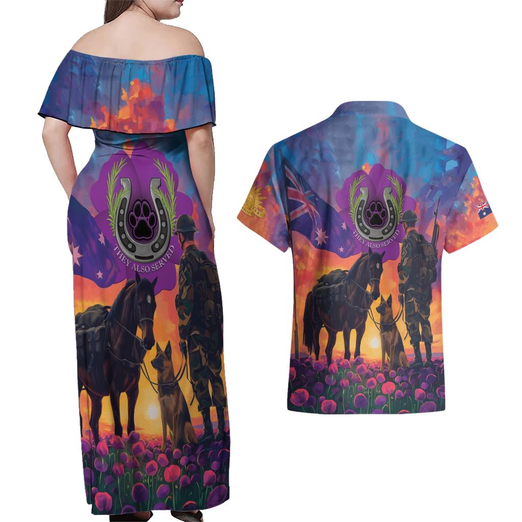 Australia Animals ANZAC Couples Matching Off Shoulder Maxi Dress and Hawaiian Shirt Dog And Horse Heroes Also Served