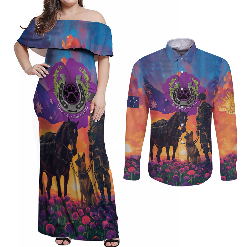 Australia Animals ANZAC Couples Matching Off Shoulder Maxi Dress and Long Sleeve Button Shirt Dog And Horse Heroes Also Served