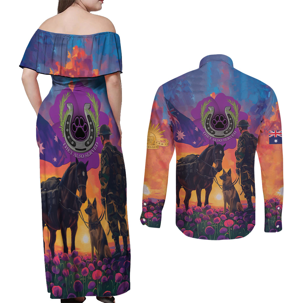 Australia Animals ANZAC Couples Matching Off Shoulder Maxi Dress and Long Sleeve Button Shirt Dog And Horse Heroes Also Served
