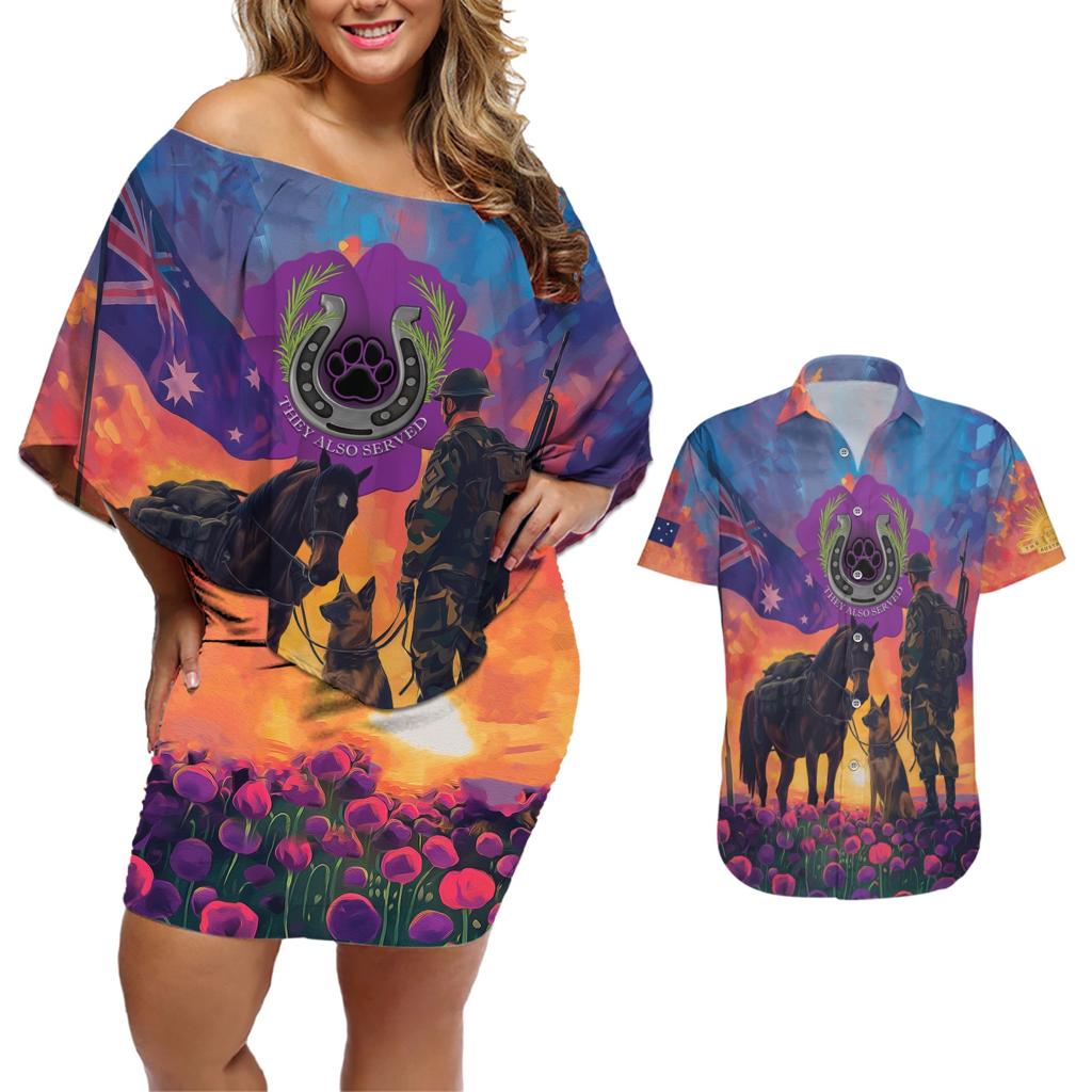 Australia Animals ANZAC Couples Matching Off Shoulder Short Dress and Hawaiian Shirt Dog And Horse Heroes Also Served
