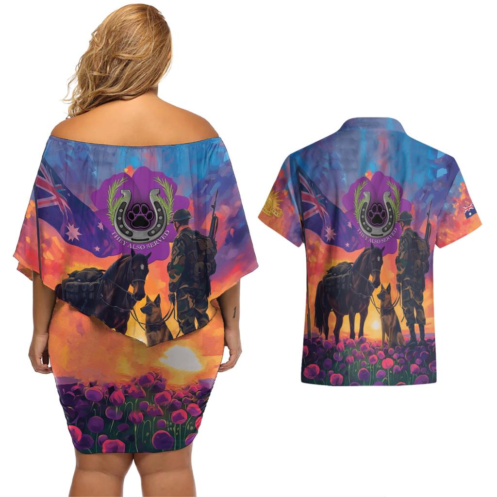 Australia Animals ANZAC Couples Matching Off Shoulder Short Dress and Hawaiian Shirt Dog And Horse Heroes Also Served
