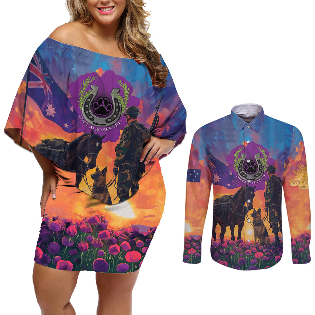Australia Animals ANZAC Couples Matching Off Shoulder Short Dress and Long Sleeve Button Shirt Dog And Horse Heroes Also Served