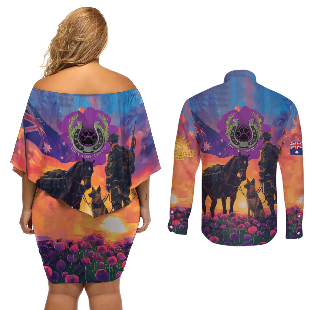 Australia Animals ANZAC Couples Matching Off Shoulder Short Dress and Long Sleeve Button Shirt Dog And Horse Heroes Also Served