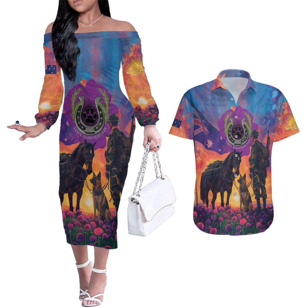 Australia Animals ANZAC Couples Matching Off The Shoulder Long Sleeve Dress and Hawaiian Shirt Dog And Horse Heroes Also Served
