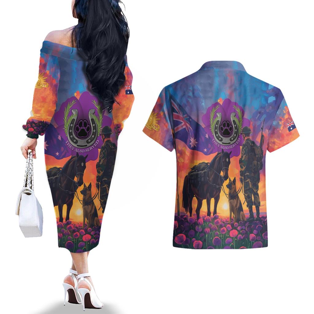 Australia Animals ANZAC Couples Matching Off The Shoulder Long Sleeve Dress and Hawaiian Shirt Dog And Horse Heroes Also Served