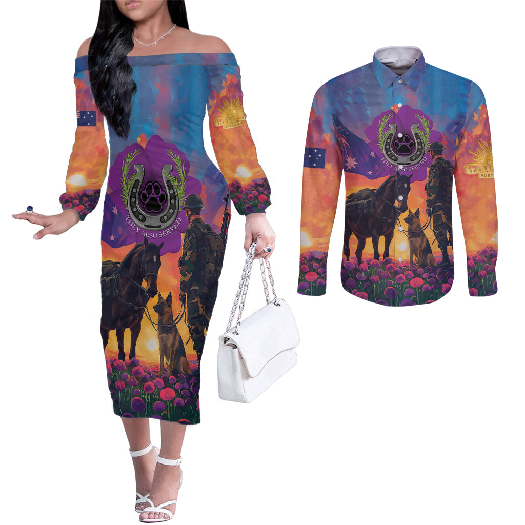 Australia Animals ANZAC Couples Matching Off The Shoulder Long Sleeve Dress and Long Sleeve Button Shirt Dog And Horse Heroes Also Served