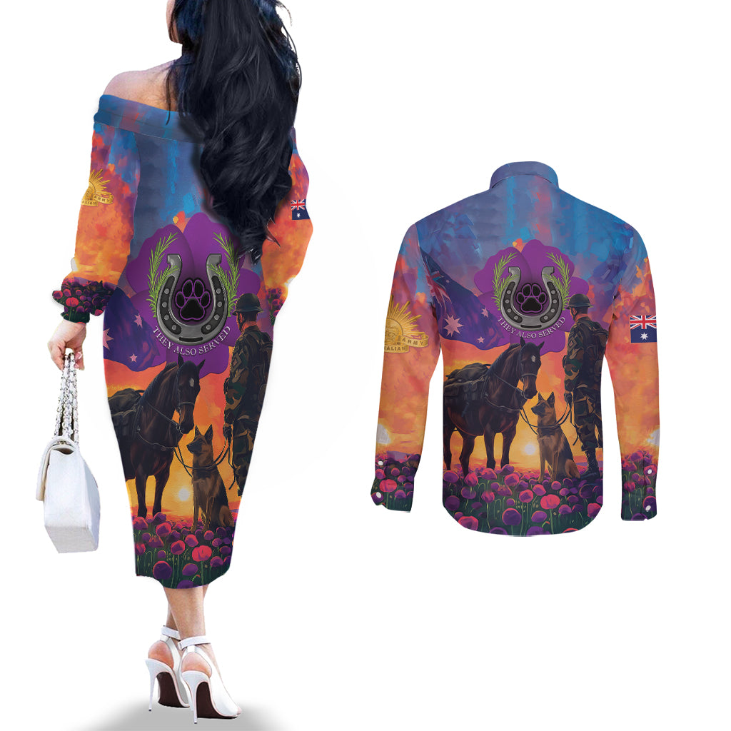 Australia Animals ANZAC Couples Matching Off The Shoulder Long Sleeve Dress and Long Sleeve Button Shirt Dog And Horse Heroes Also Served