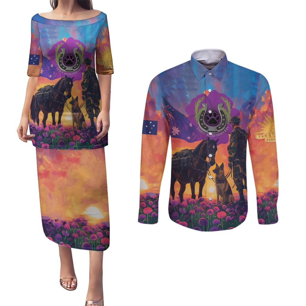 Australia Animals ANZAC Couples Matching Puletasi and Long Sleeve Button Shirt Dog And Horse Heroes Also Served