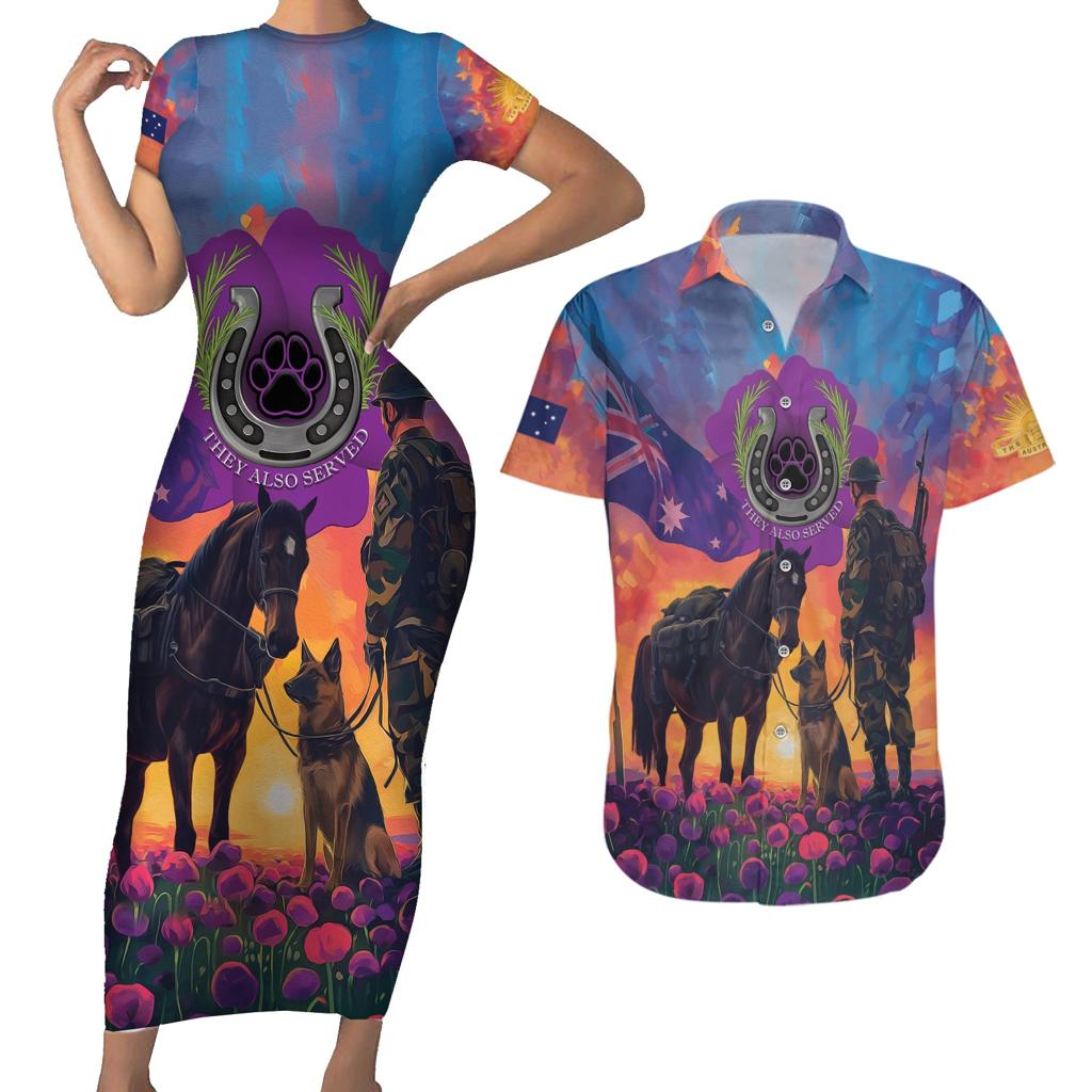 Australia Animals ANZAC Couples Matching Short Sleeve Bodycon Dress and Hawaiian Shirt Dog And Horse Heroes Also Served