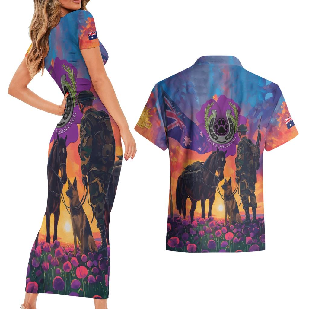 Australia Animals ANZAC Couples Matching Short Sleeve Bodycon Dress and Hawaiian Shirt Dog And Horse Heroes Also Served