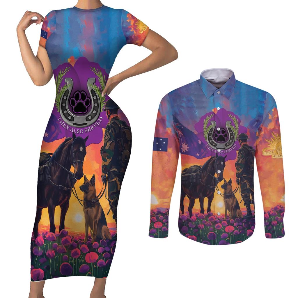 Australia Animals ANZAC Couples Matching Short Sleeve Bodycon Dress and Long Sleeve Button Shirt Dog And Horse Heroes Also Served