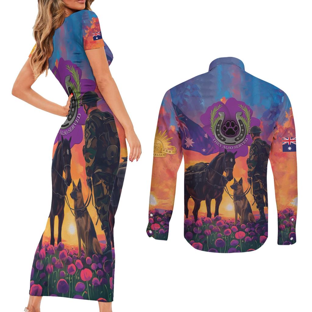Australia Animals ANZAC Couples Matching Short Sleeve Bodycon Dress and Long Sleeve Button Shirt Dog And Horse Heroes Also Served