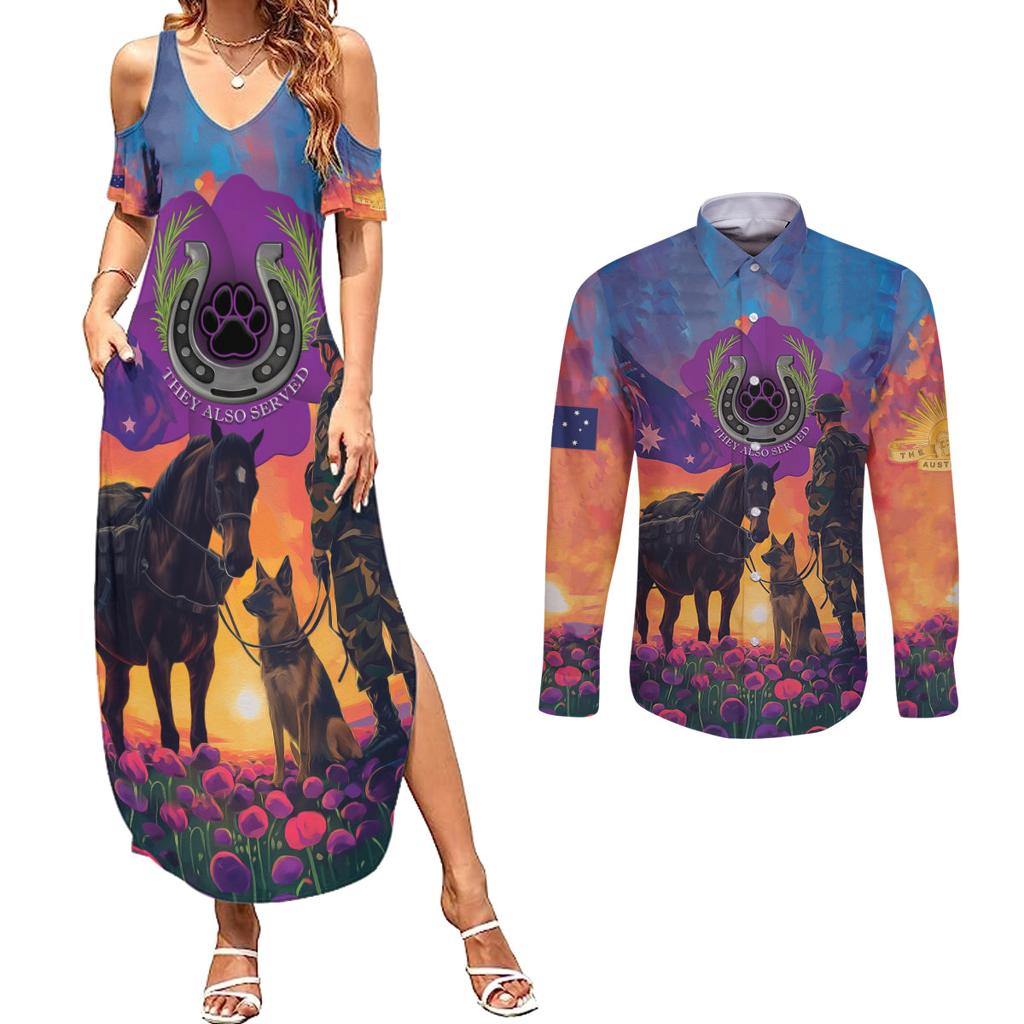Australia Animals ANZAC Couples Matching Summer Maxi Dress and Long Sleeve Button Shirt Dog And Horse Heroes Also Served