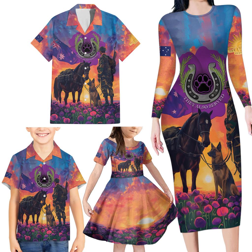 Australia Animals ANZAC Family Matching Long Sleeve Bodycon Dress and Hawaiian Shirt Dog And Horse Heroes Also Served