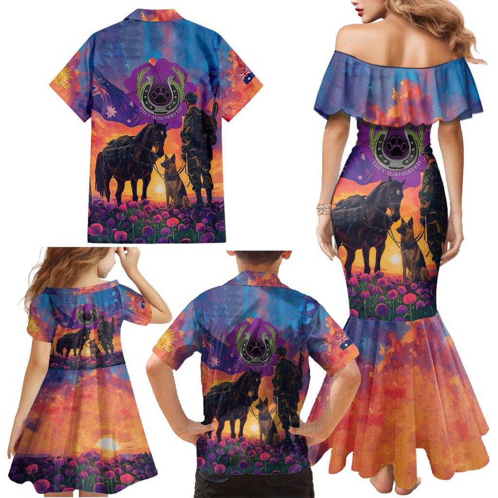 Australia Animals ANZAC Family Matching Mermaid Dress and Hawaiian Shirt Dog And Horse Heroes Also Served