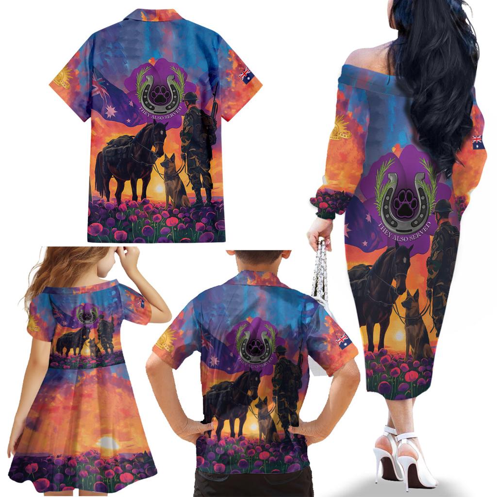 Australia Animals ANZAC Family Matching Off The Shoulder Long Sleeve Dress and Hawaiian Shirt Dog And Horse Heroes Also Served