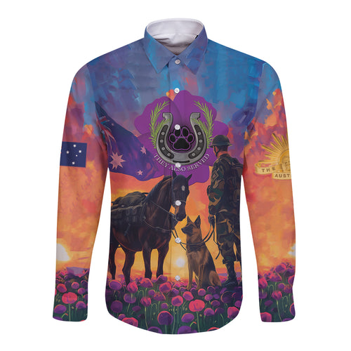 Australia Animals ANZAC Long Sleeve Button Shirt Dog And Horse Heroes Also Served